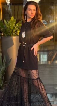 Women's oversized Lunéra t-shirt dress with black lace detail and belt accessory - Image 3